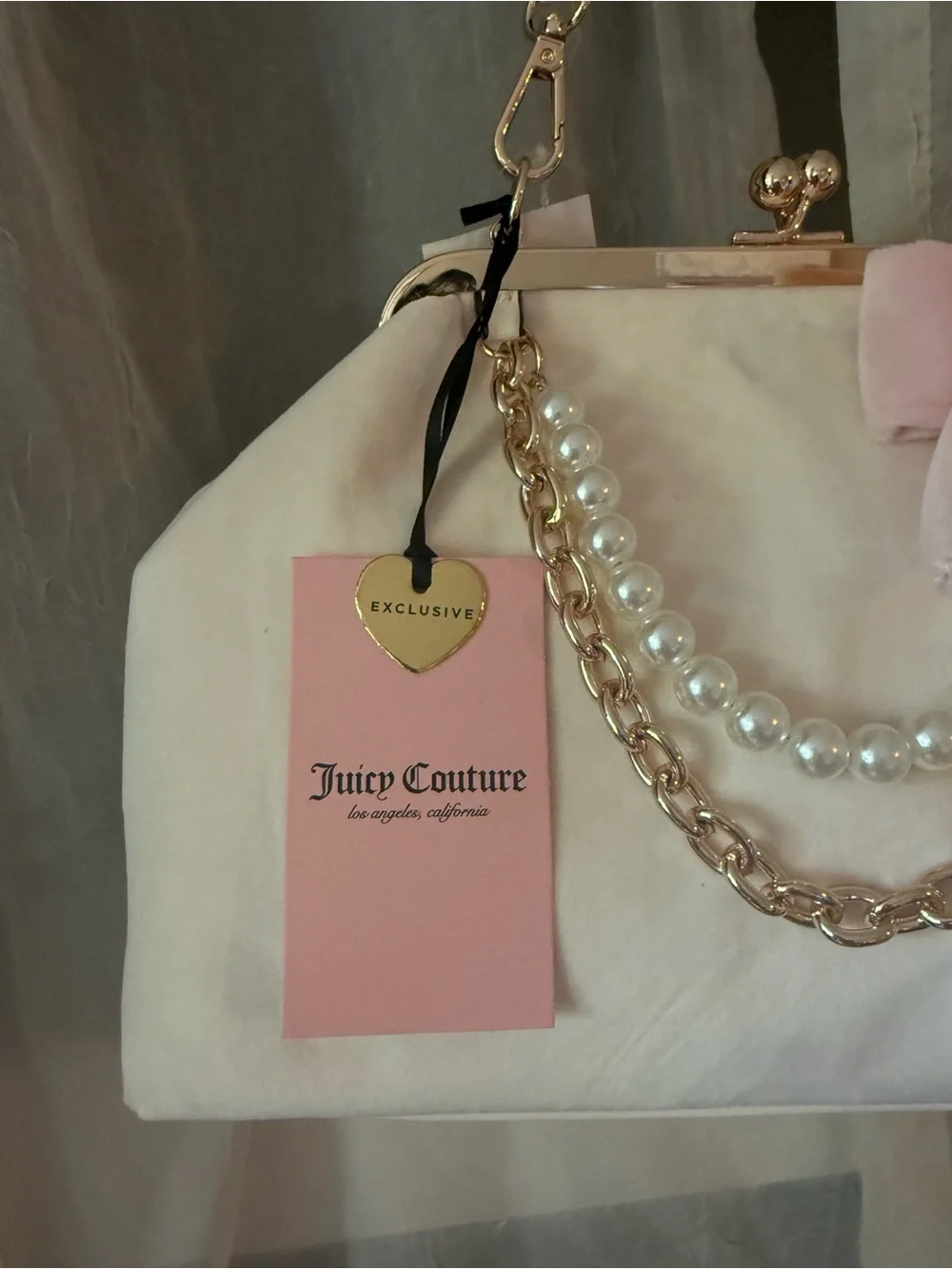 Juicy Couture Cream & Pink Pearl-Trim Satchel with Gold Chain